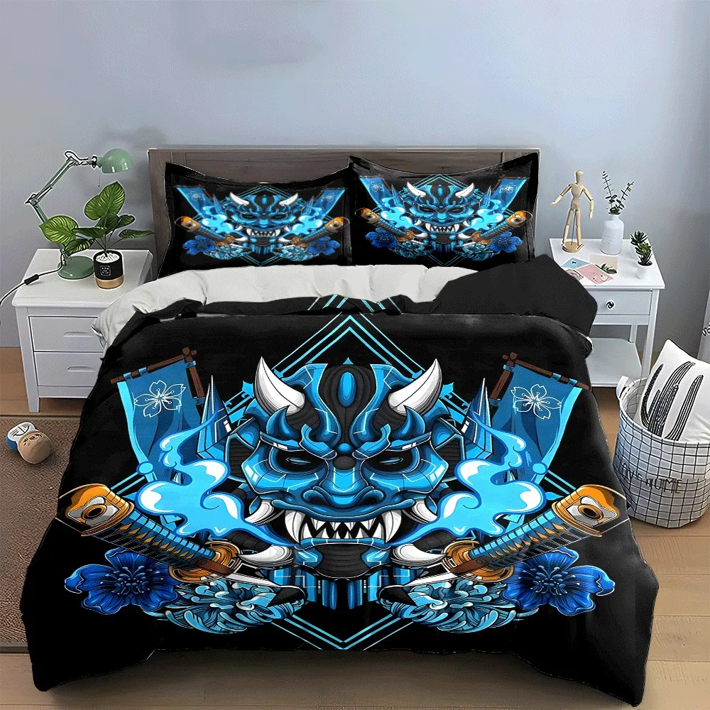 Samurai-Themed Demon Mask Set Exquisite three-piece bedding set gift for kids and adults