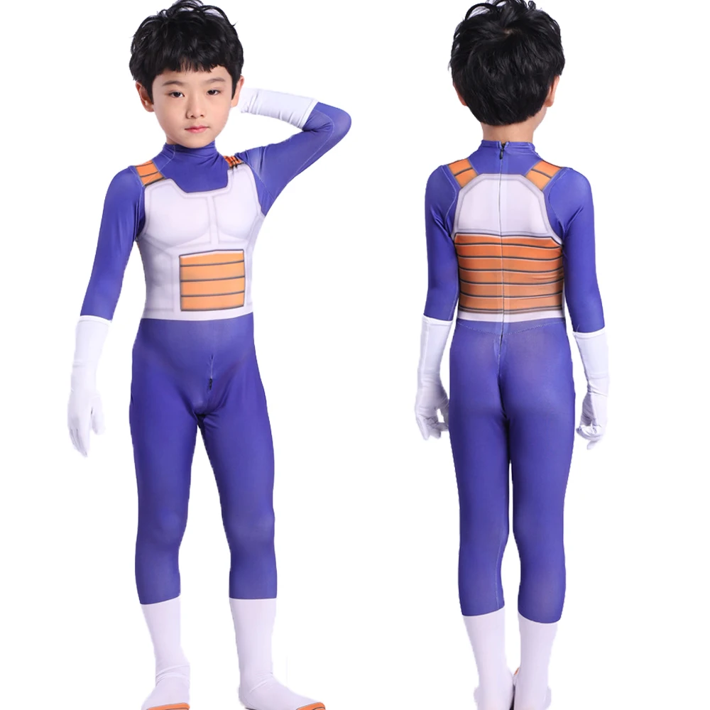 Anime Cosplay Baby Kids Adult Suit Vegeta Jumpsuit Halloween Superhero Attached Gloves Gold Black Hair Carnival Party Gift