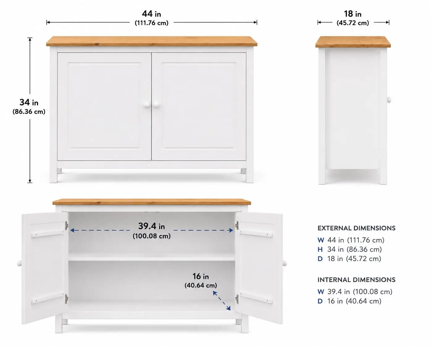 Solid Pine Sideboard Buffet Cabinet With Shaker Design & Storage, 44