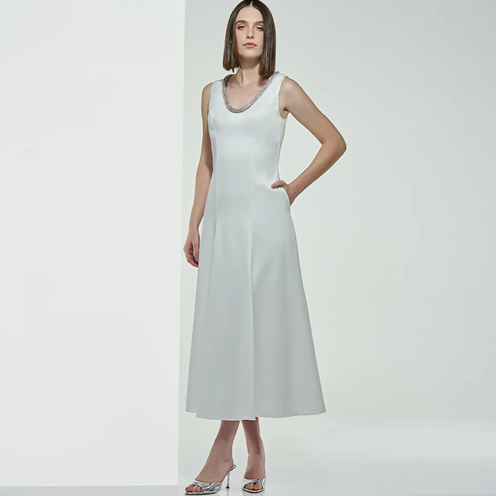 فستان سهرة رشيق من الساتان، فساتين مناسبة خاصة كريستالية رائعة، فساتين كلاسيكية بدون أكمام مخصصة لحفلات العودة للوطن