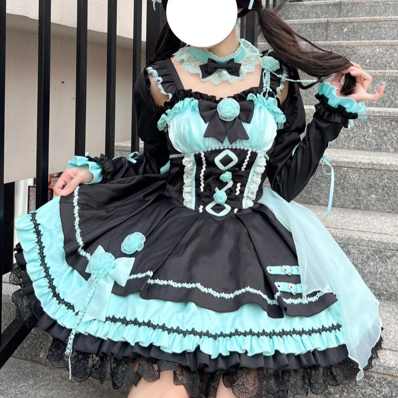 

Summer Autumn Rose Lolita Sweet Girl Dress Full Sets Women Outfits High Waist A-line Sleeveless JSK + Tail + Collar + Coat