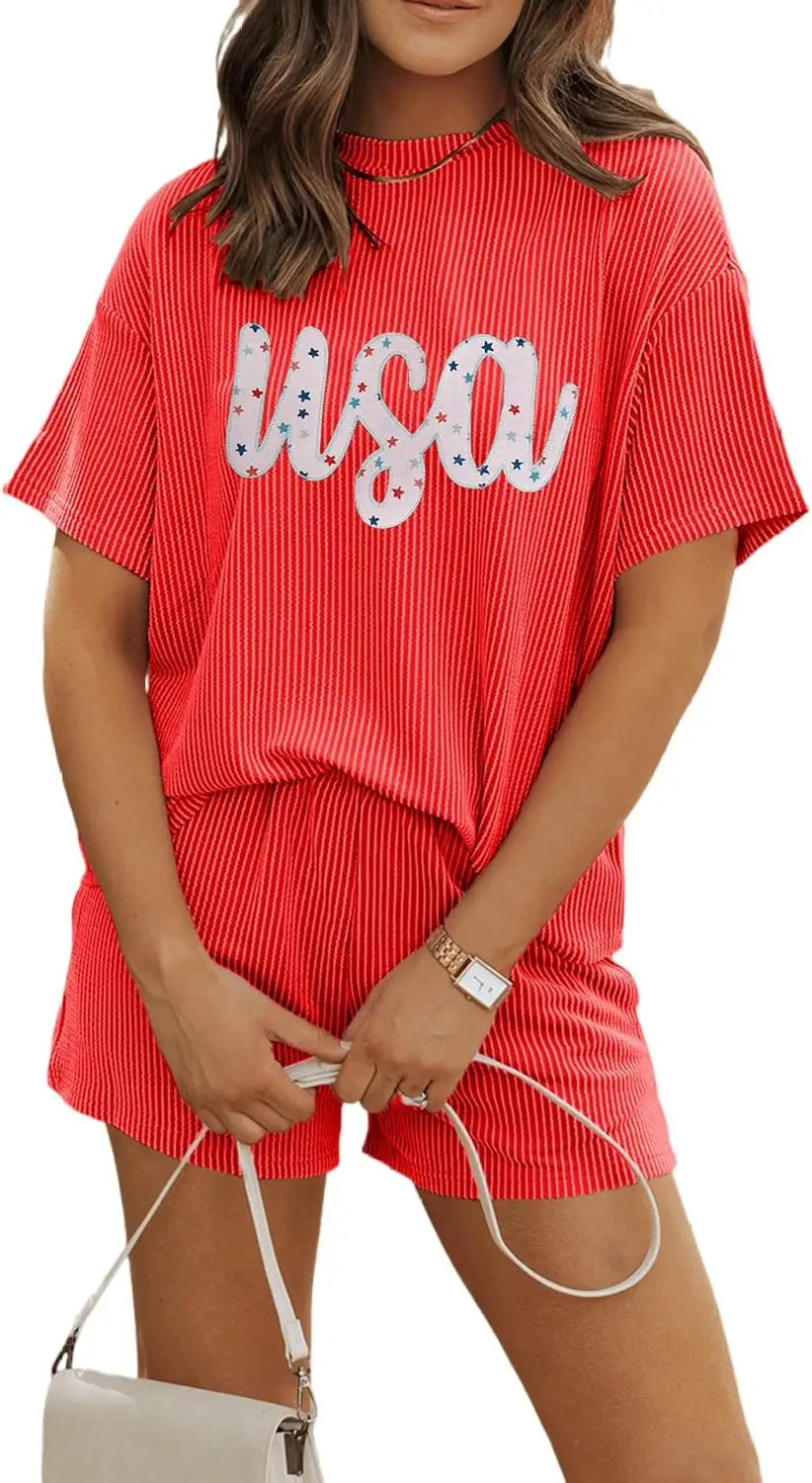 أطقم بيجامات نسائية مكونة من قطعتين ملابس نوم Pjs ناعمة ومريحة بأكمام قصيرة ملابس علوية وسروال قصير طقم ملابس للاستلقاء #3