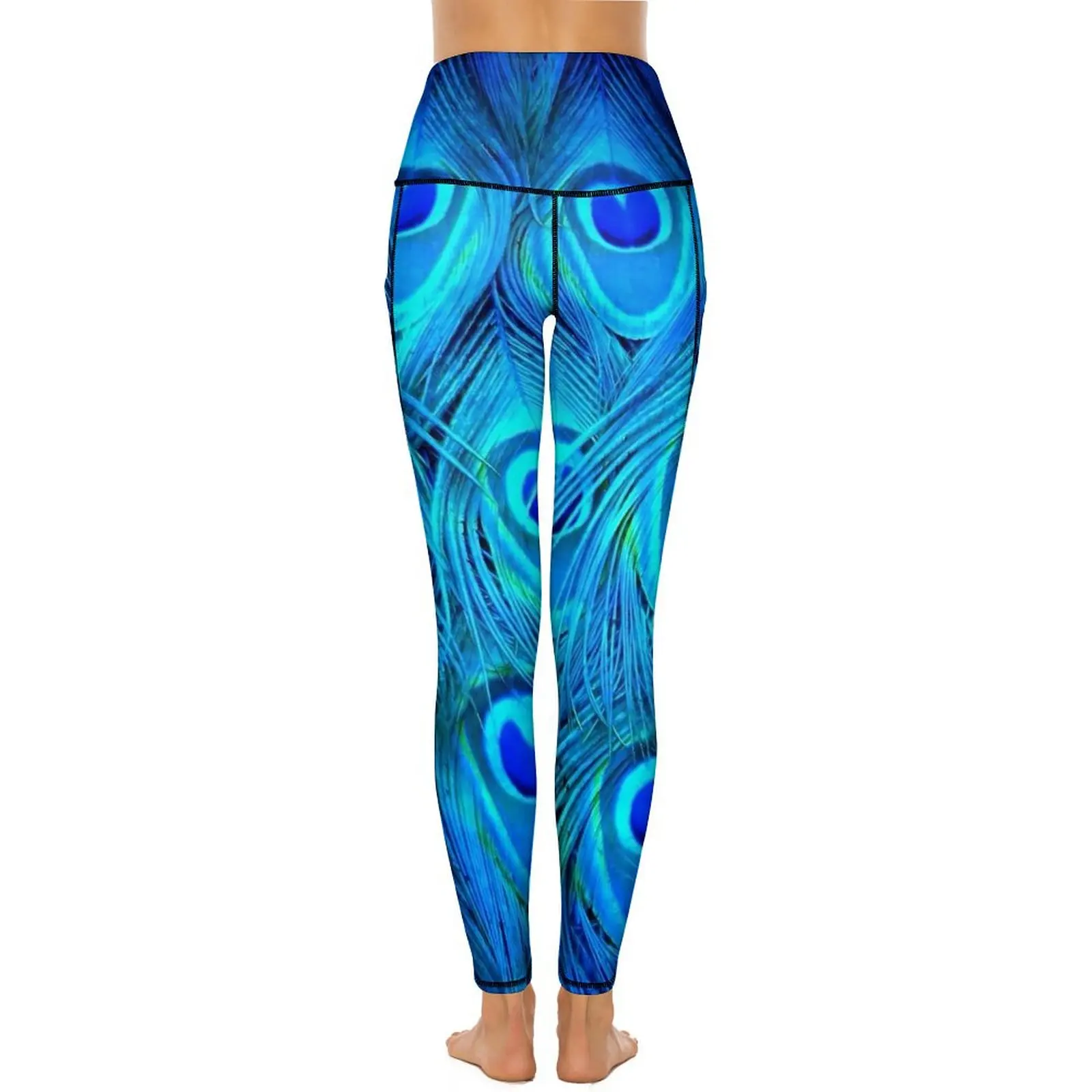 Pantalones de Yoga con diseño de plumas de pavo real, mallas con bolsillos de animales azules, mallas deportivas sexis de realce para Yoga, mallas elásticas para Fitness y correr