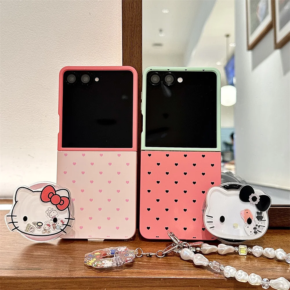 

Korean Cute Love Magnetic Phone Case or Samsung Galaxy Z Flip6 7 Flip5 4 3 Flip7 6 Cover With Magsafe HelloKitty Stand and Chain