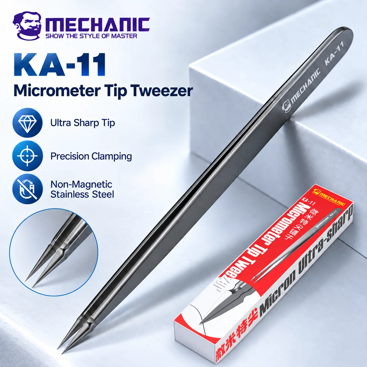 MECHANIC KA-11 0.01mm Precision Tip Tweezers 304 Stainless Steel Non-Magnetic for Fly Wire Mobile Phone PCB Electronics Repair