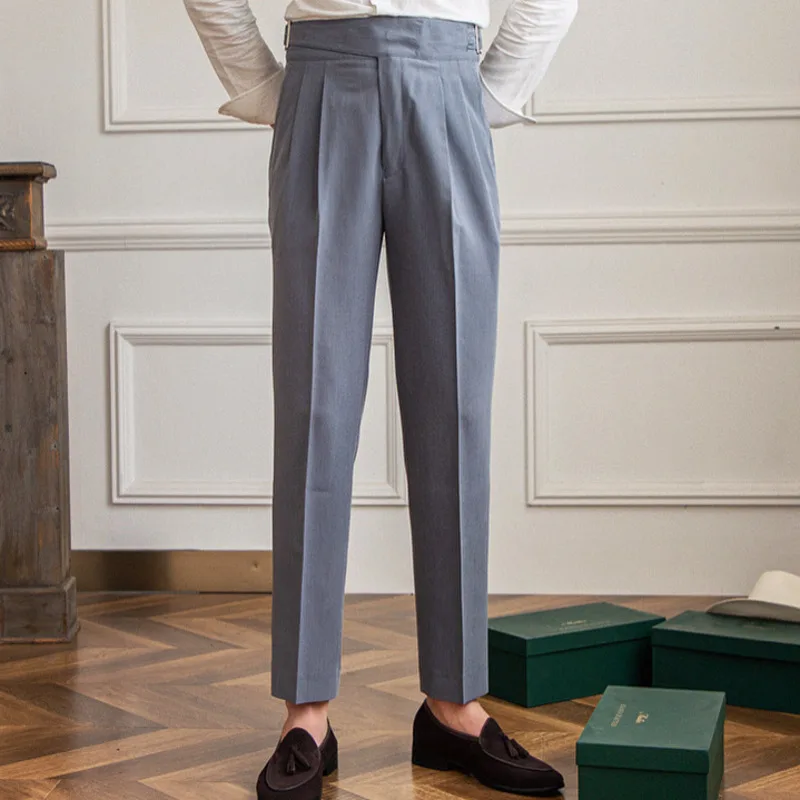 Fashion Gray Mens Dress Pant High Waist Straight Pants Men Spring Business Versatile Belt Trouser Gentleman Paris Button Pant