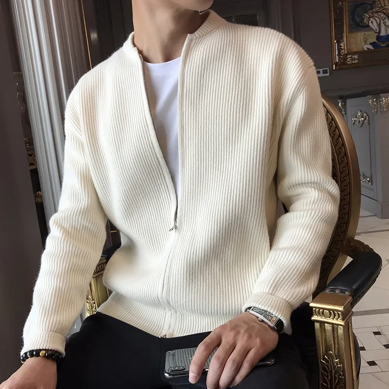 Zipper Cardigan Men V Neck Sweaters Flat Knitted Long Sleeve Jumpers Solid Loose Sweater Casual Slight Strech Winter 2024