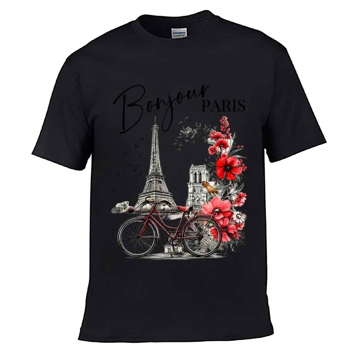 Bonjour Paris Eiffel Tower Bicycle Floral Cityscape Illustration Men Summer T-shirt Top