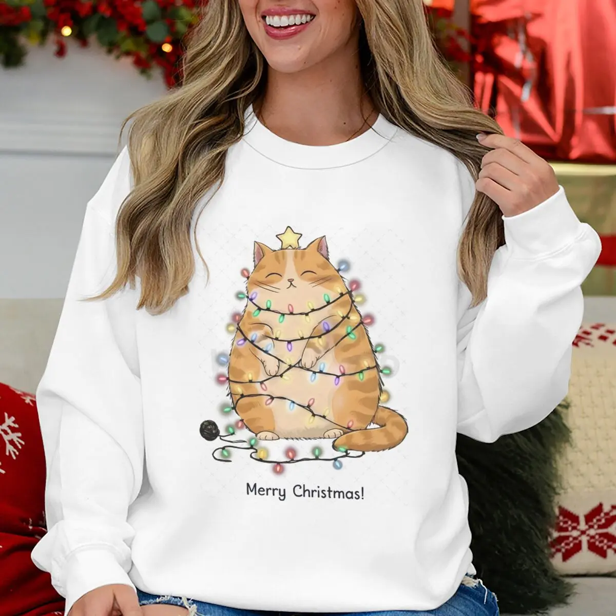 بلوزات نسائية عيد ميلاد سعيد أضواء القط طباعة موضة بلايز عادية القط عاشق هدية عطلة الحيوان Kawaii الكرتون البلوز #1