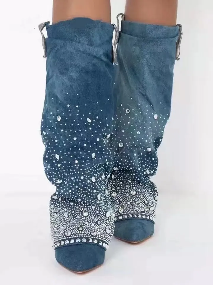 In winter 2024, the new heavy industry pointed thin heel rhinestone jeans tube boots plus size knee-length women's boots.