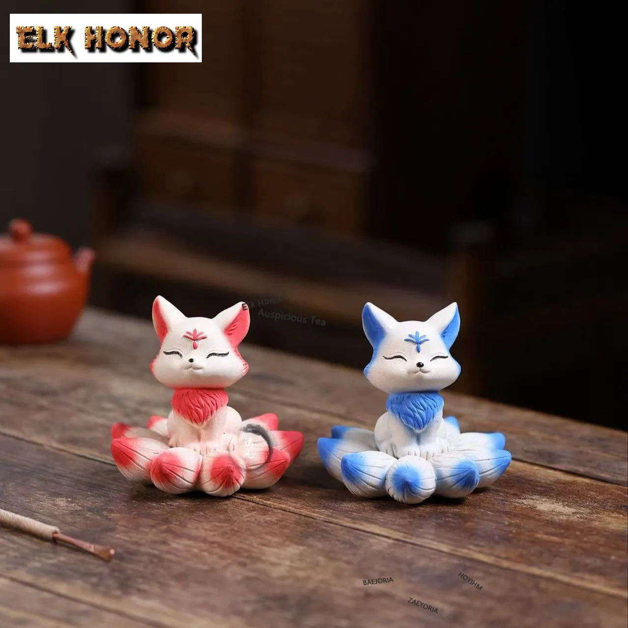 ZAEYORIA Cute Nine-tailed Fox Purple Clay Tea Pet Aesthetic Flowerpot Landscaping Tea Figurine Play Toys Tea Statue Ornaments