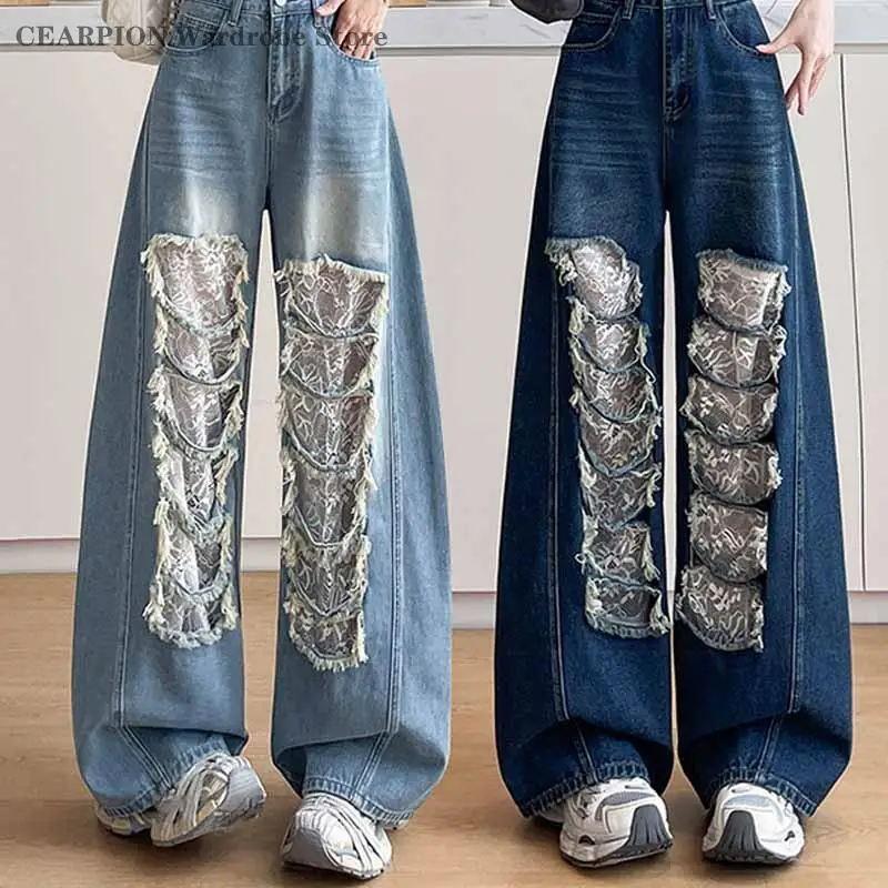 

Новые расклешенные джинсы с высокой талией, кружевными вставками и эффектом потертости, винтажные синие, с дырками, свободного прямого кроя, длинные повседневные брюки