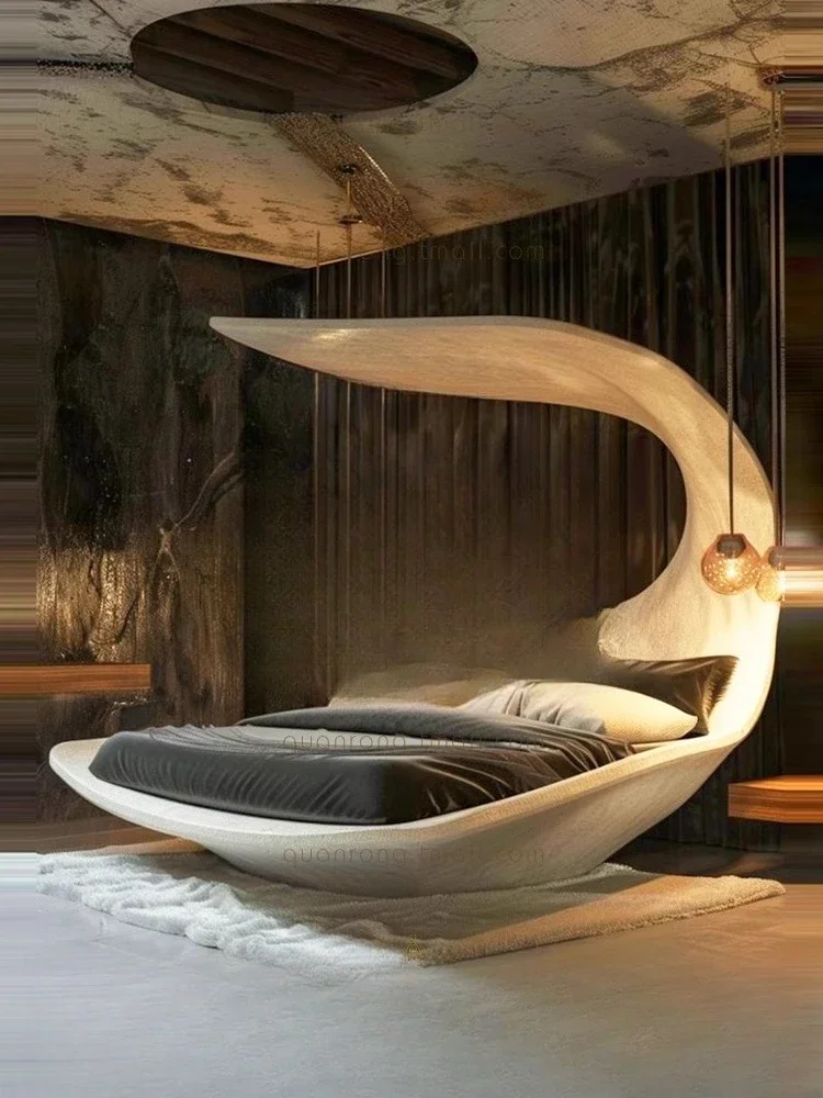 Cama doble de arte científico y tecnológico, dormitorio principal de lujo ligero, cama de dormitorio principal con tapa de arco