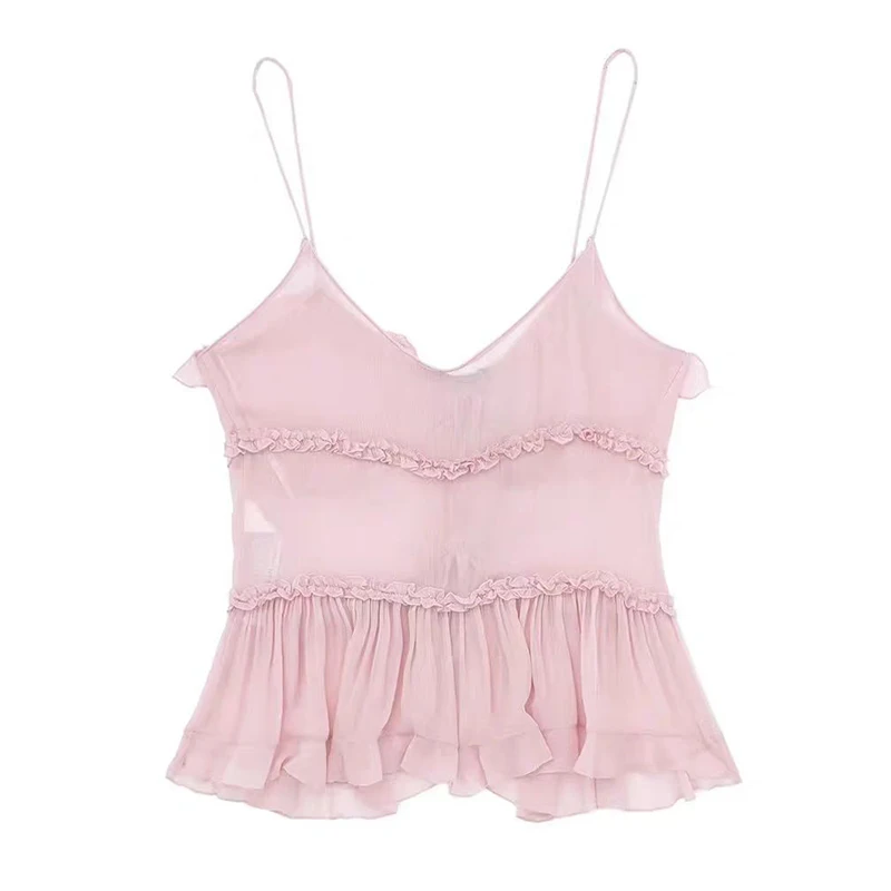 YUEYANG Fashion Ruffle Pink Cropped Tops Women Y2K Sexy Sleeveless See Through Tops Summer Translucent Backless Layered Suspende