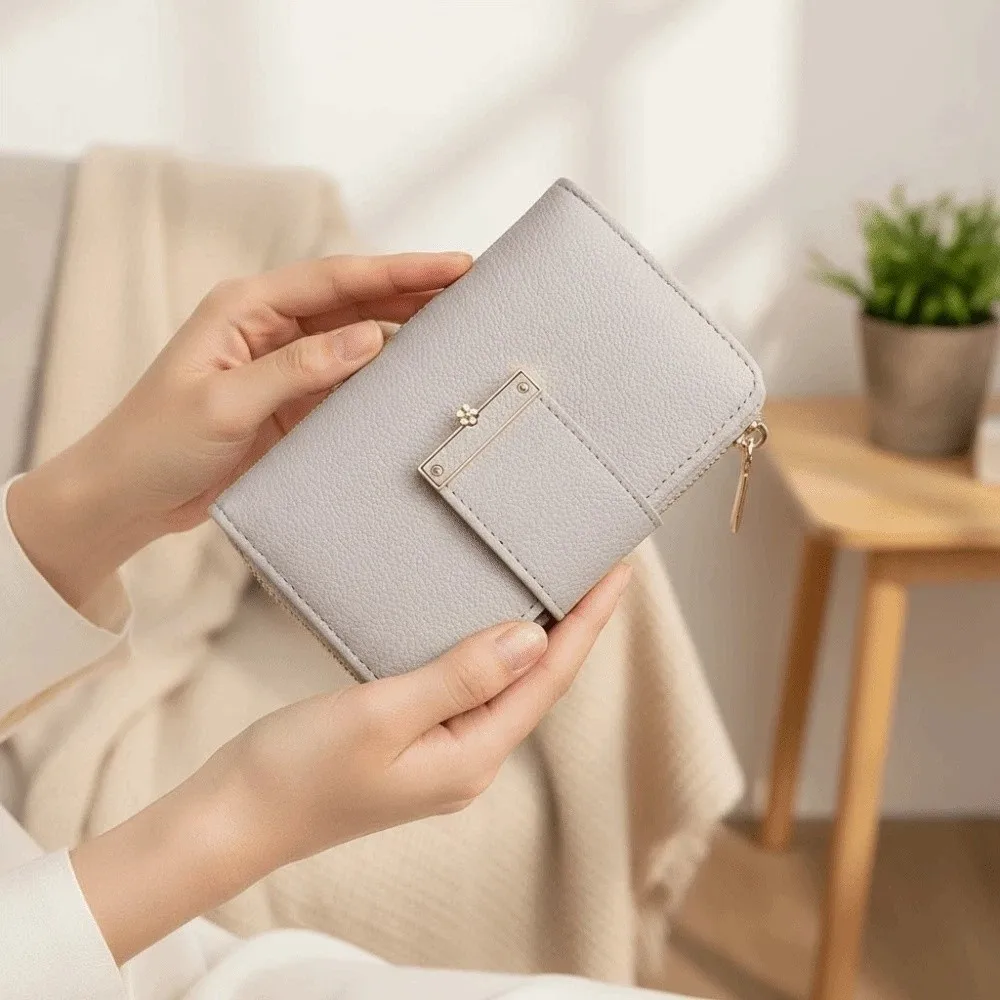Portable Solid Color Wallet Multiple Card Polyester Women Card Bag Anti-splash Water Fashion Zipper Leather Purse for Mom