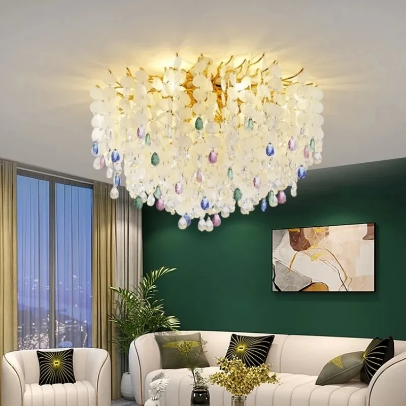 Round Crystal Ceiling Shell Chandelier For Bedroom Living Dining Room New Seashell Coloful Crystal Chandeliers Luxury Gold