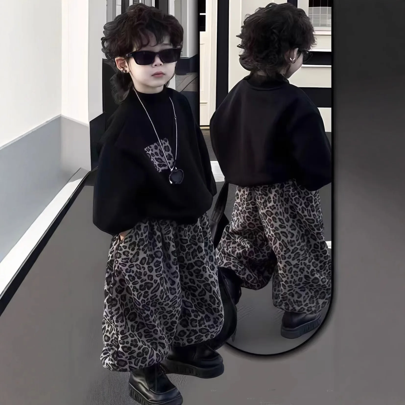 2026 Neue Herbst-Babykleidung für Jungen und Mädchen, Leopardenmuster, Kinder-Mode-Sweatshirt+Hose, 2-teiliges Set, schicke Freizeit-Outfits für Kinder – Detail 1