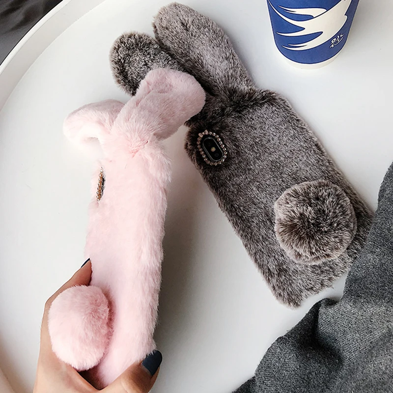 Cute Fluffy Rabbit Hair Fur Case For Huawei P10 P20 P30 Mate 10 20 30 Pro lite 20X Honor 8 9 10 20 Pro lite 10i Warm Phone Case