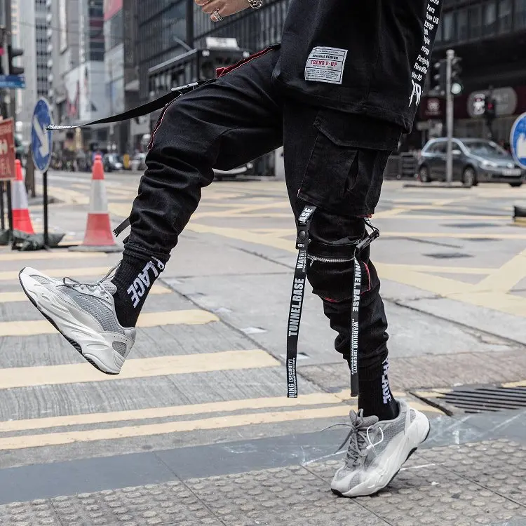 Classic Streetwear Hip Hop Joggers Men Letter Ribbons Cargo Pants Pockets Track Tactical Casual Male Trousers Sweatpant K111