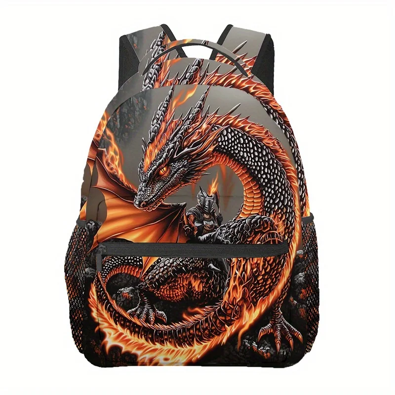 Polyester Flame-Breathing Dragon Stylish Backpack Rucksack for Men Women Adjustable Straps Zip Closure for Hiking Camping