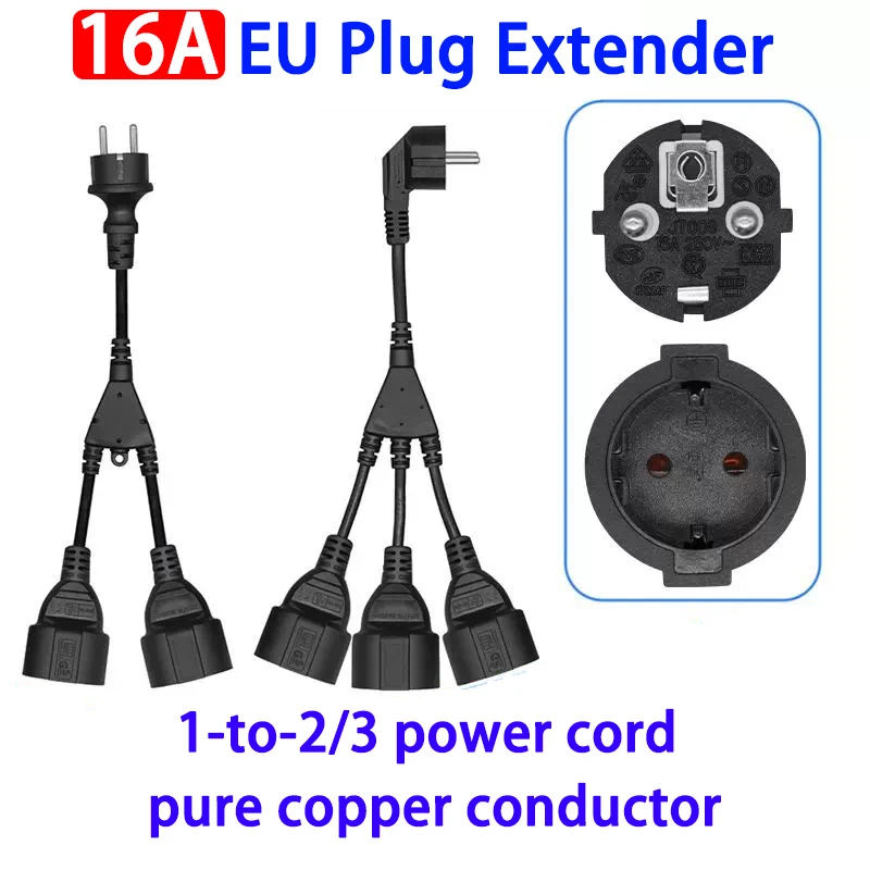 Splitter Y-type EU 16A Plug Power Cord 1 to 2/3 Wire Cable Round Extension European Line Standard Foot Male to Female Connection