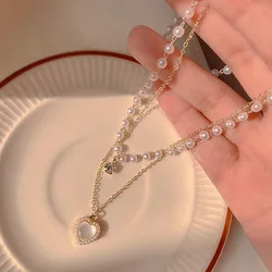 Fashion Cute Love Heart Shaped Pendant Necklace Pearl Chain Shiny Women 2022 Aesthetic Jewelry Choker Wedding Party Jewelry Gift