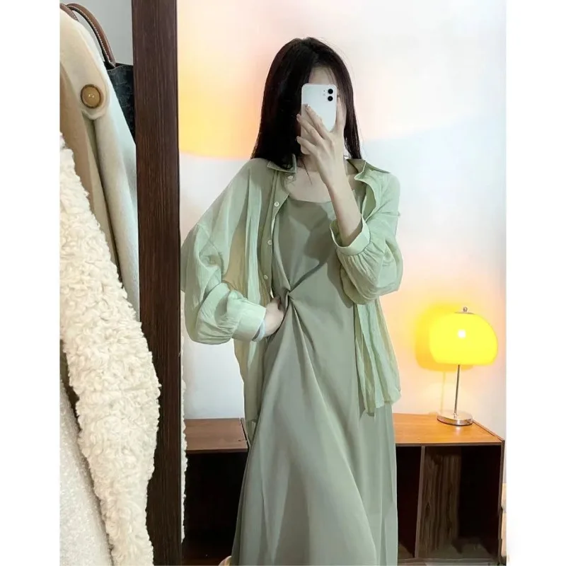 

Summer Gentle Wear Women's 2024 New Retro Fashion Korean Style Loose Sunscreen Shirt Slim Joker INS Long Skirt Two-piece Set