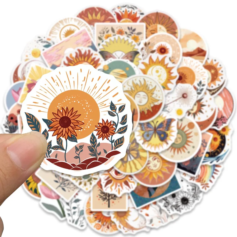 50/100PCS Art Bohemia Moon Sun Flower Sticker Aesthetic Retro Boho Cartoon Waterproof Decal Computer Scrapbooking Bottle Sticker