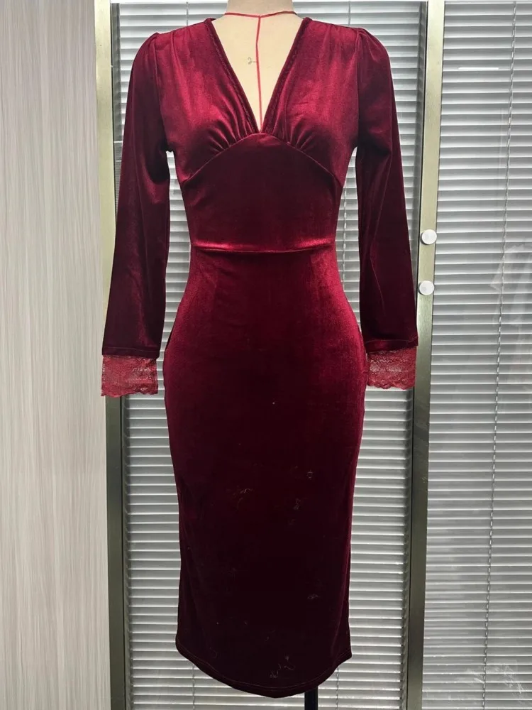 2026 Spring Autumn Winter Dress Women Long Sleeve V-Neck Solid Sexy Elegant Evening Party Skinny Stretch Midi Bodycon Dresses