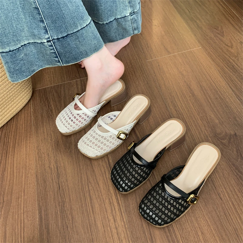 

Новинка 2023 года, женская обувь, тапочки на каблуке с резьбой, женские летние шлепанцы с закрытым носком, мягкая повседневная женская обувь для отдыха, женская обувь