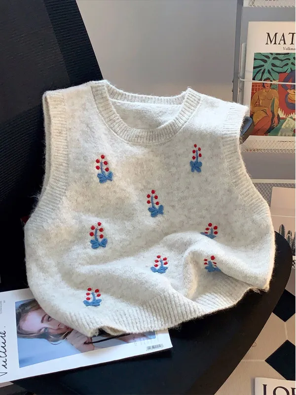 Korean Style Embroidered Flower round Neck Knitted Vest Women's Sleeveless Vintage Top Versatile Layering Outerwear