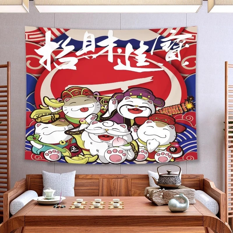 VIKAMA Lucky Cats Tapestry Wall Hanging Maneki Neko Gold Ingots Wealth Prosperity Red Aesthetic Wall Art Living Room Decor