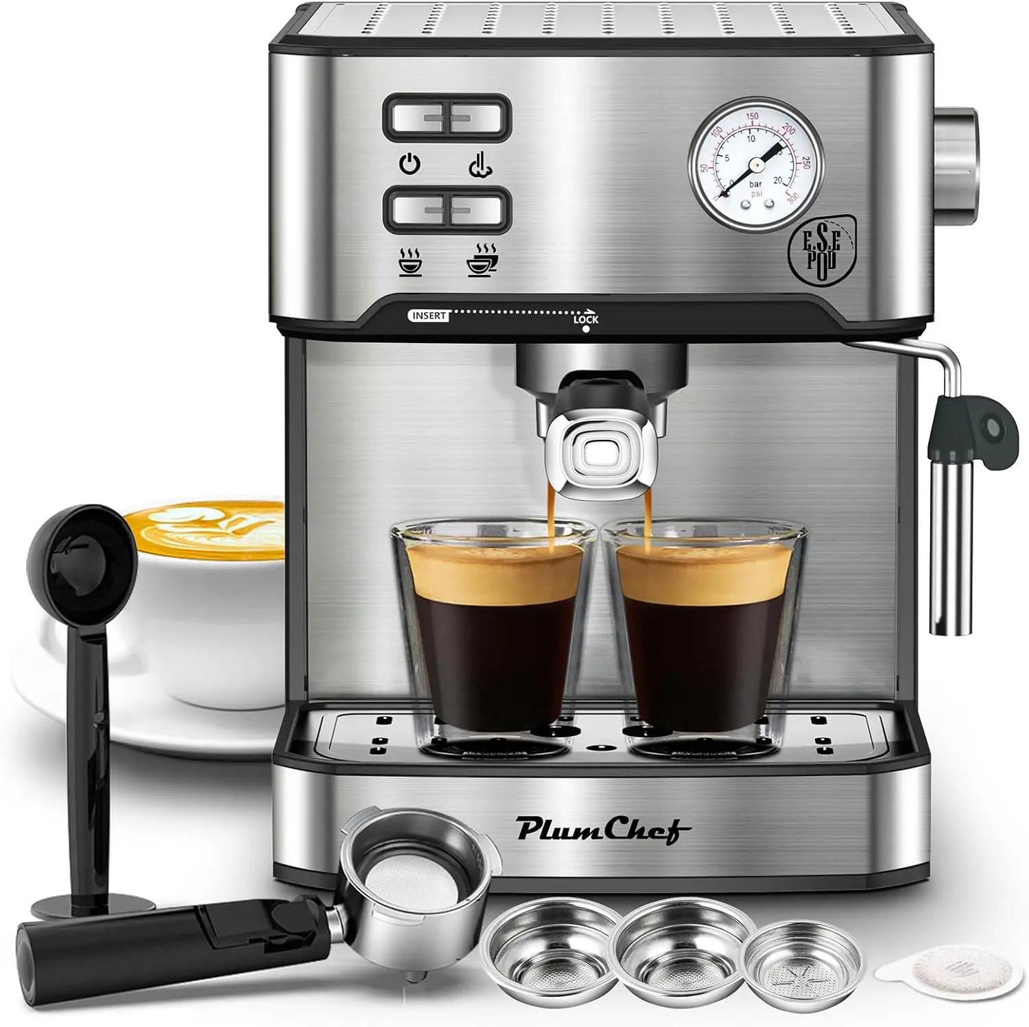 Máquina de café expreso, cafetera doméstica con Espumador de leche, varita de vapor, manómetro, tanque de agua de 54oz, poco ruido y rápido