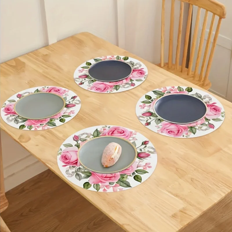 VIKAMA 4 قطعة مفارش مستديرة أنيقة باللون الوردي الوردي قابلة للغسل في الغسالة لعيد الحب وعيد الأم وغرفة الطعام مفارش ديكور