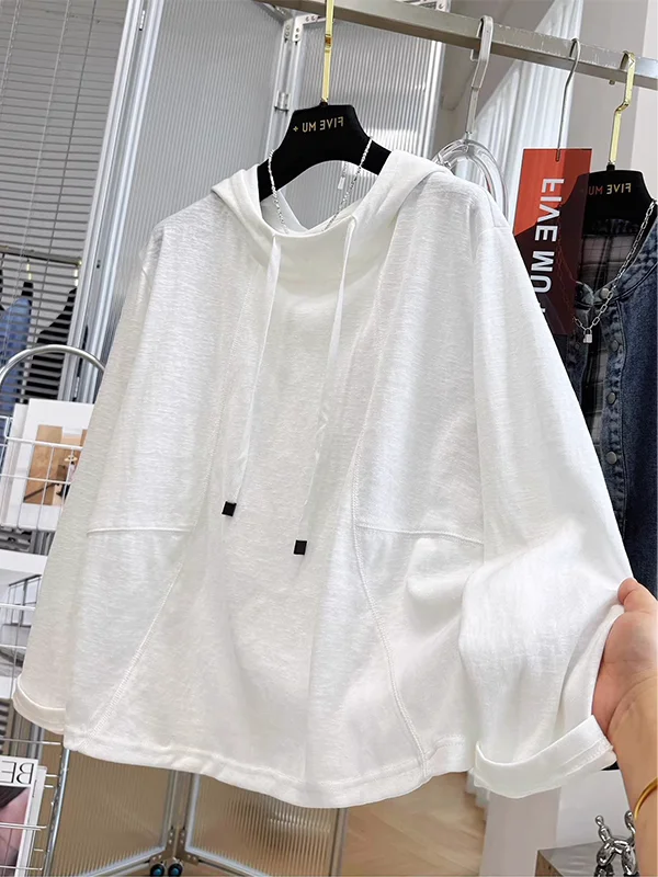 Extra Large 240lbs European Style Hooded Long Sleeve T-Shirt Women's Spring Summer White Overhead Loose Slimming Casual Base Top