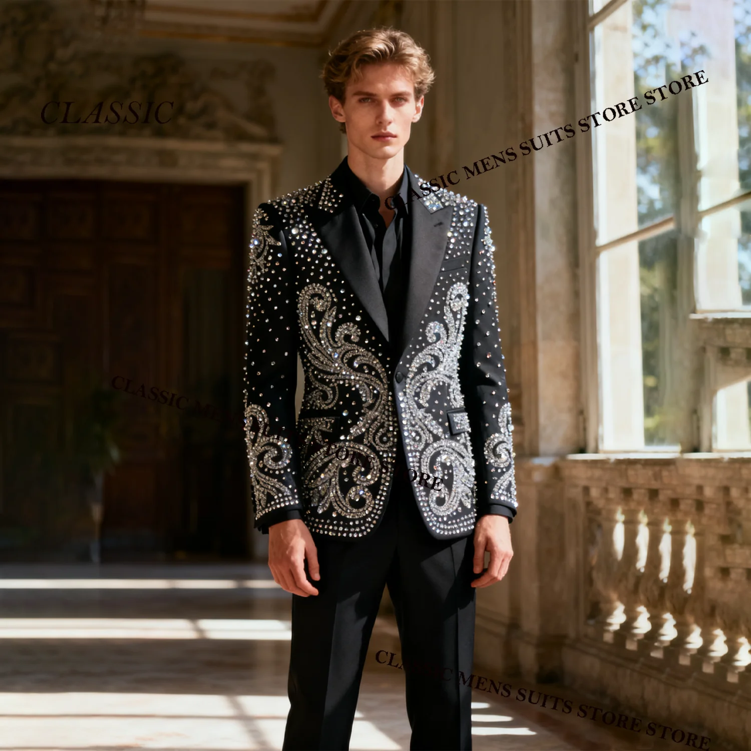 

Exqiusite Design Gem Crystals Diamond Men Suits 2 Pieces Customized Groom Male Blazers Slim Wedding Party Tuxedos Ropa hombre