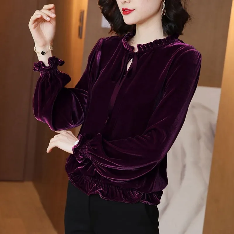 

Autumn Winter Women's Velvet Blouse Vintage Long Sve irt Comfortable Faionable Casual Wear for Ladies