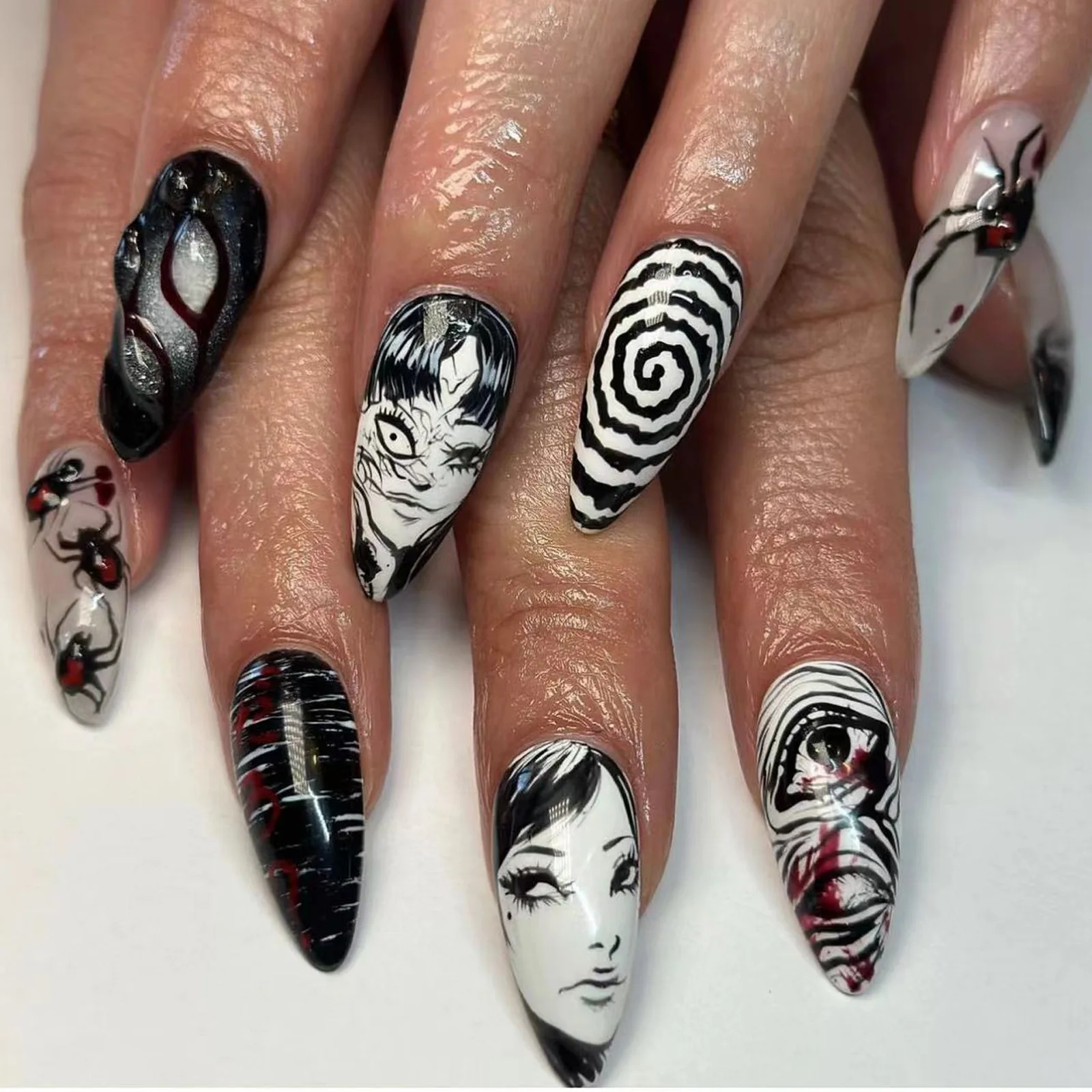 

24PCS/Set Almond Pointed Kawakami Tomie Press on Nails Wearable Artificial Advanced Japanese Comics Pattern Fake Nails for Women