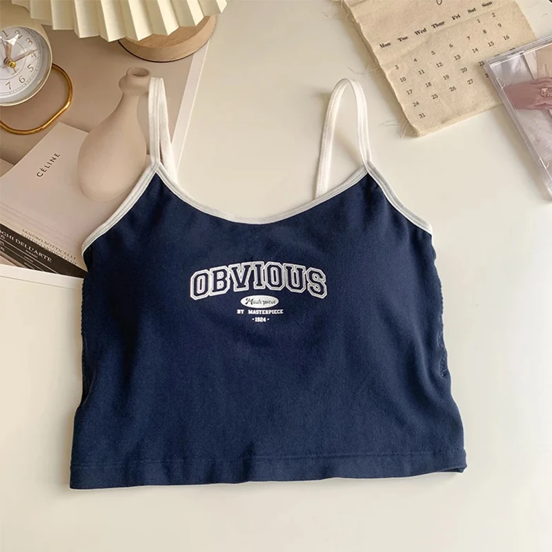 

Женские укороченные топы с мягким бюстгальтером и круглым вырезом, однотонные укороченные топы с буквенным принтом, топы-спагетти для женщин, лето 2024, лето