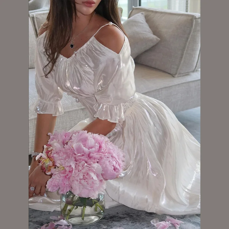 여성용 미드 슬리브 오프숄더 드레스 롱 퓨어 컬러 템퍼먼트 드레스 데이트 출퇴근 여성 의류 여성용 신상 캐주얼 의류