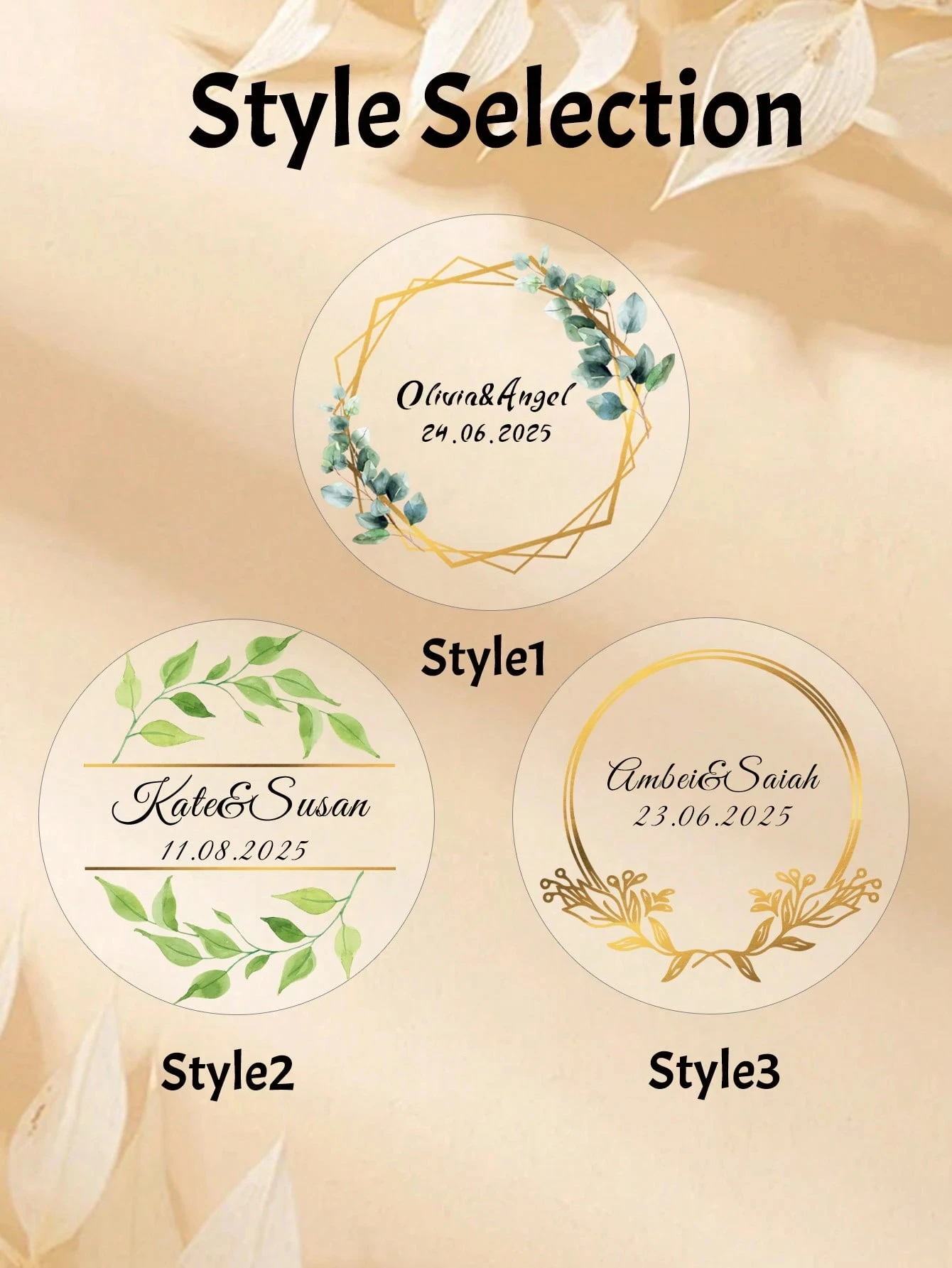 54-540 pezzi 4 cm etichette di nozze personalizzate trasparenti, adesivo di nozze circolare personalizzato, design foglia verde, nome personalizzato e adesivo data