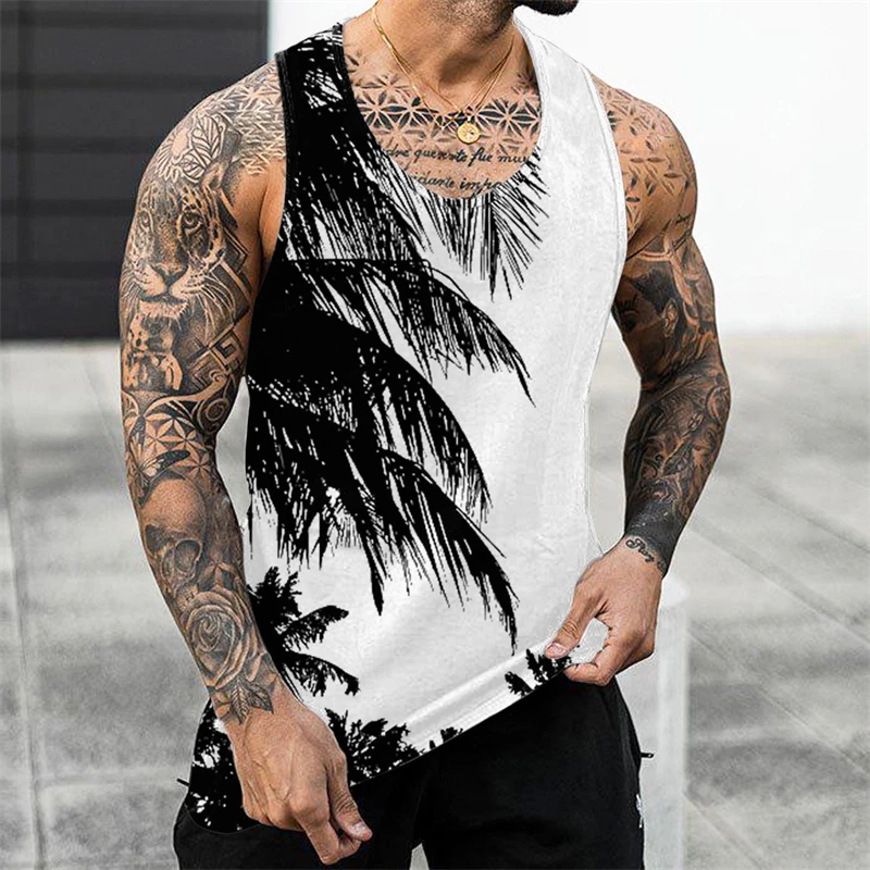 Summer Coconut Tree 3D Printed Hawaiian Beach Tank Tops Men\'s Casual Fashion Vest Oversized Sleeveless Tank Top Gym Man Clothing
