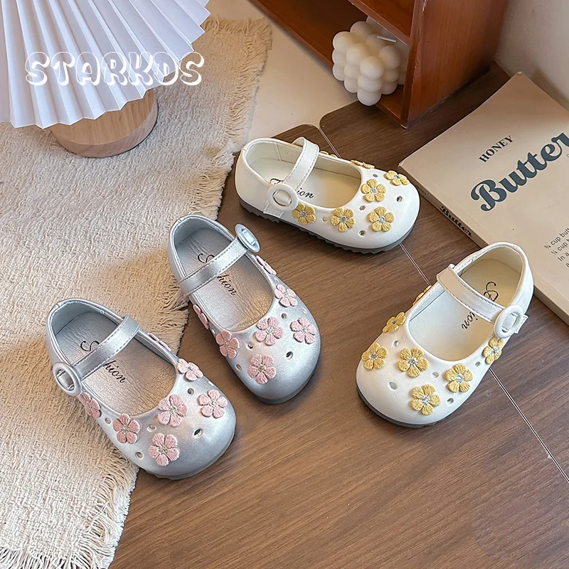 

Pink Yellow Flower Leather Ballerina Shoes Kid Girls Round Toe Buckle Strap Ballet Flats Baby Child Hollow Out Floral Loafers