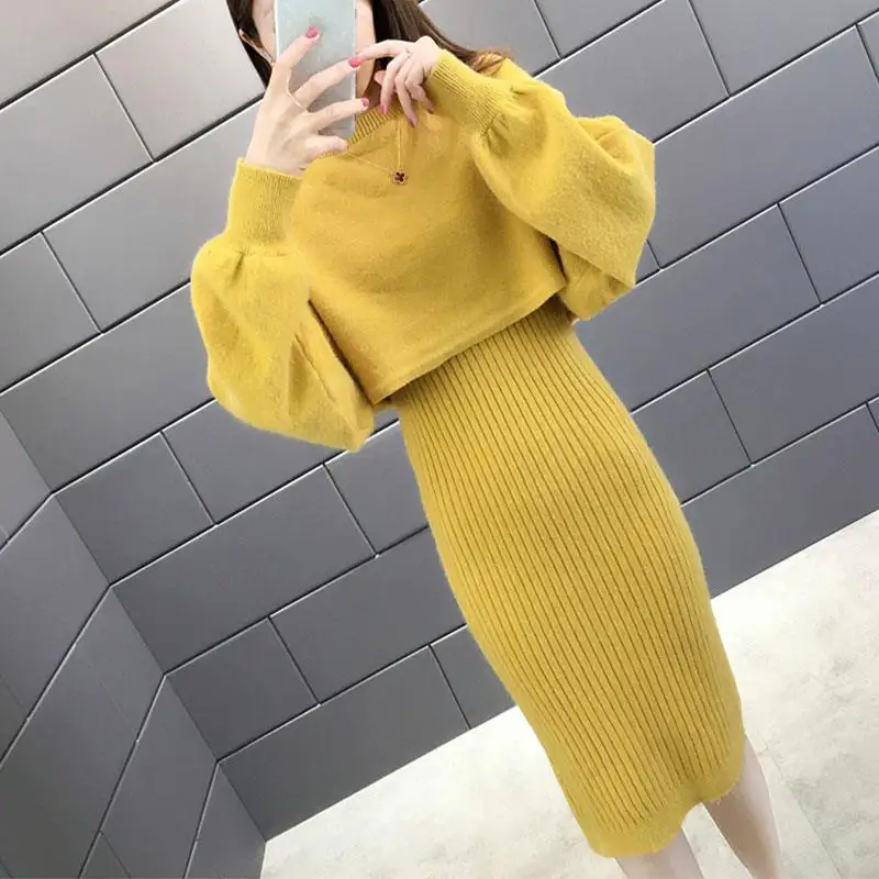 

Woman Knit Sweater Two-piece Vintage Style Long-sleeved Pullover and Solid Dresses Female Loose Casual Fashion Suit G532