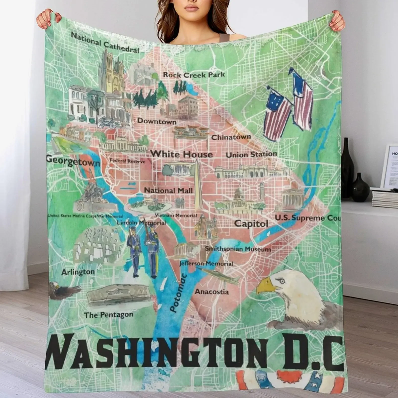 Washington DC USA Illustrated Map with Main Roads Landmarks and Highlights Throw Blanket Fashion Sofas Furry Polar Blankets