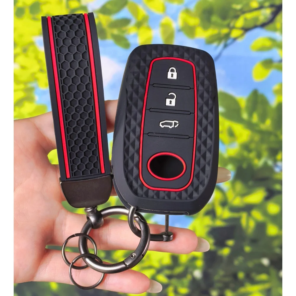 Anti‑Scratch Embossed Key Fob Sleeve With Keychain Chain For Toyota Corolla Cross Yaris Cross Hilux LC200 LC250 LC300