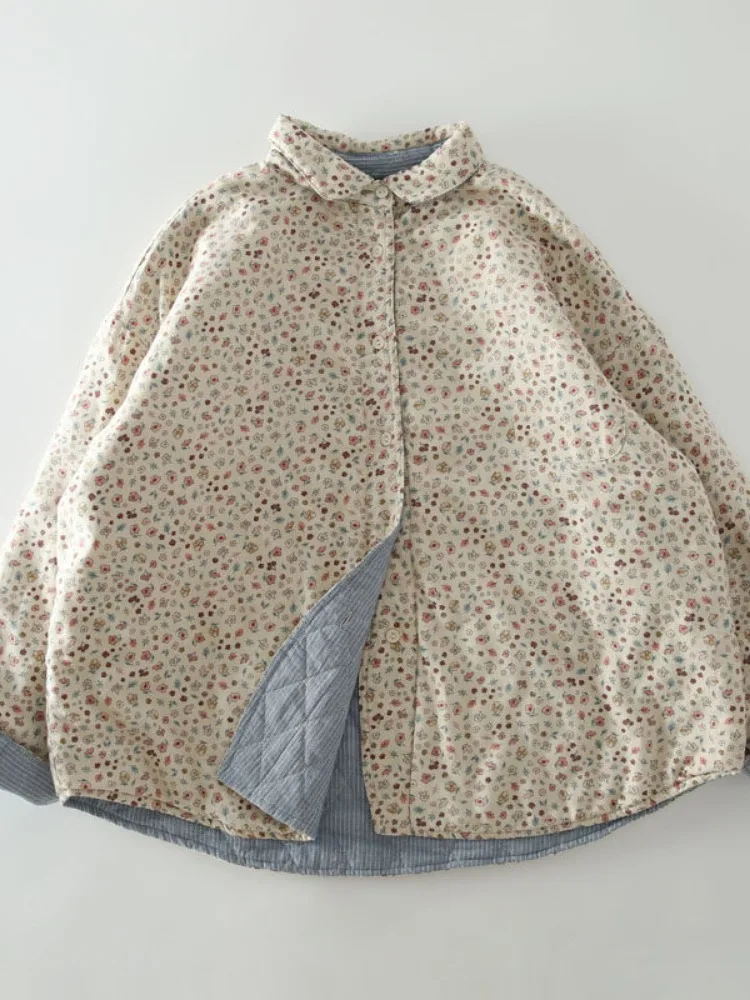 Double-Sided Wear Cotton Jacket Korean Style Floral Print Young Women's Winter Warm Coat Loose Fit Casual Long Sleeve Coat