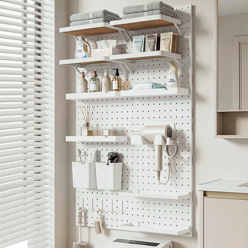 No Drill Wall Mounted Pegboard Organizer Shelf for Bathroom Toilet Towel Rack Hair Dryer Holder Space Saving Storage