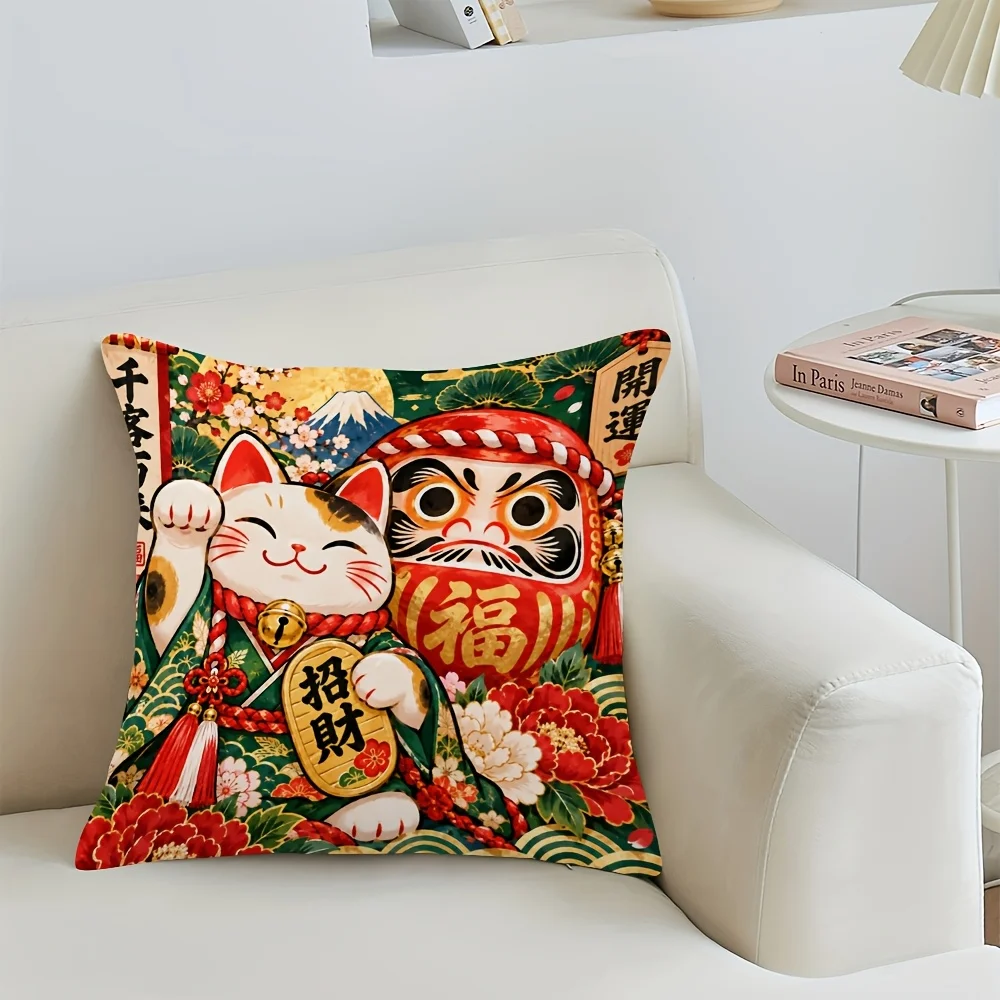 Cute Cat Maneki Neko and Hotei Laughing Cushion Pillow cover for Living Room Home Decor Gift