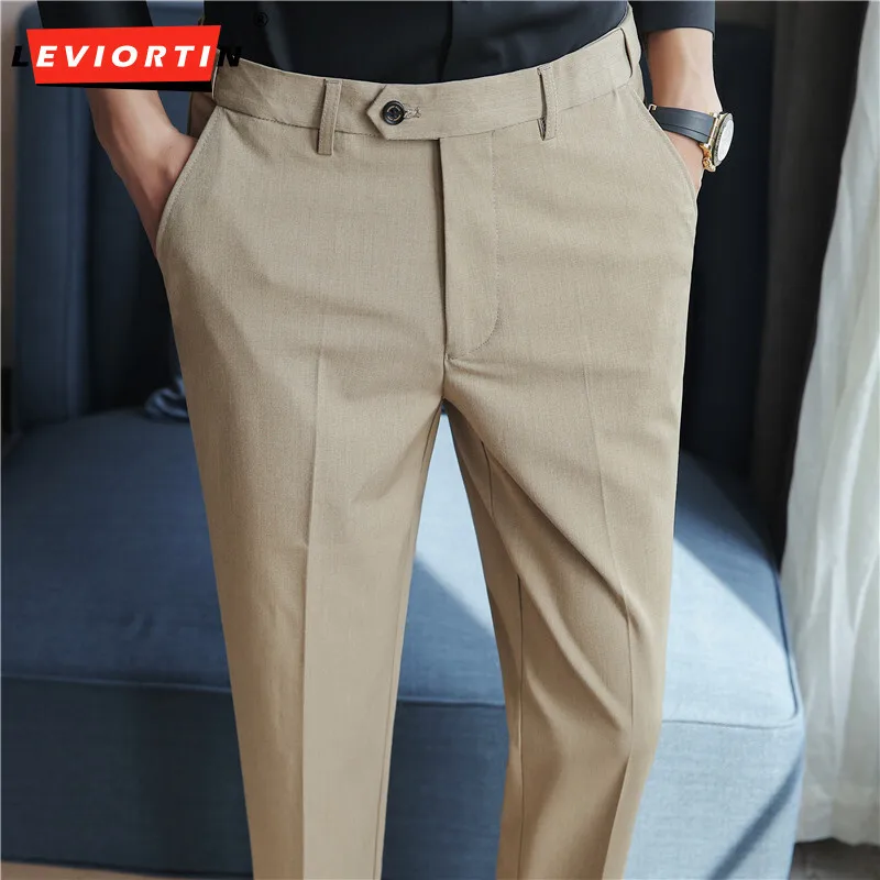 

British Style Summer Sold Color Suit Pants For Men Clothing 2024 Ankle Length Slim Fit Casual Straight Office Trousers Formal